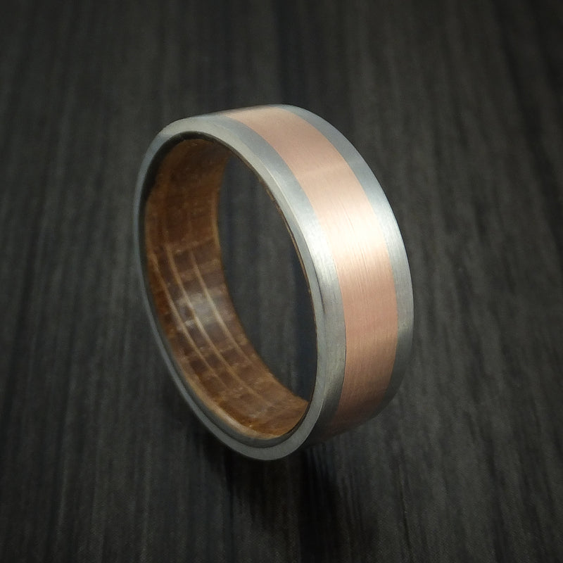 Titanium Ring with 14k Rose Gold Inlay and Whiskey Barrel Wood Sleeve Made to Any Sizing and Finish