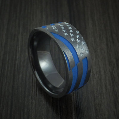 Black Titanium and Cerakote American Thin Blue Line Flag Custom Made United States Police Ring