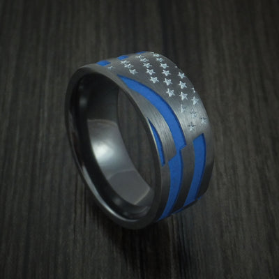 Black Zirconium and Cerakote American Thin Blue Line Flag Custom Made United States Police Ring