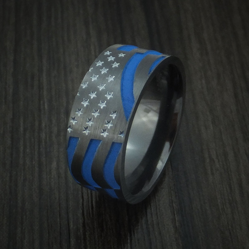 Black Zirconium and Cerakote American Thin Blue Line Flag Custom Made United States Police Ring