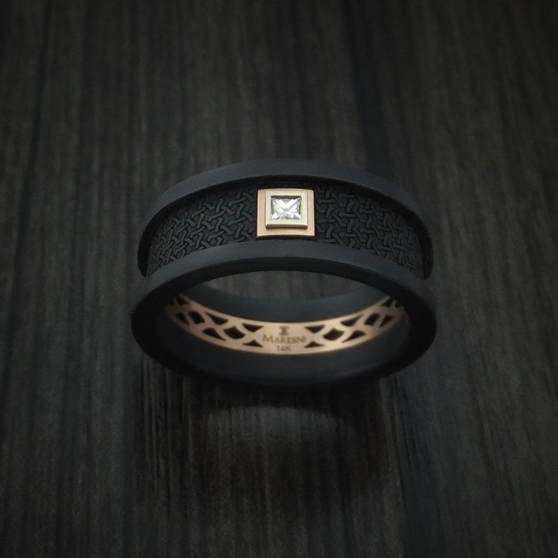 Carbon Fiber and 14K Rose Gold Band with Diamond Custom Made Men's Ring