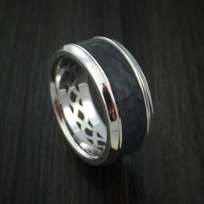 14K White Gold with Hammered Carbon Fiber Custom Made Band