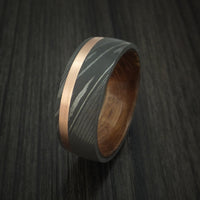 Damascus Steel Band with 14k Rose Gold and Jack Daniels Whiskey Barrel Wood Sleeve Custom Made