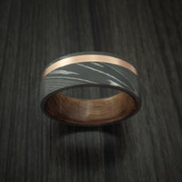 Damascus Steel Band with 14k Rose Gold and Jack Daniels Whiskey Barrel Wood Sleeve Custom Made