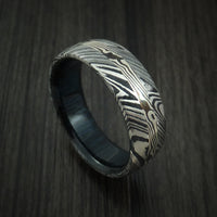 Kuro Damascus Steel Ring with Silver Mokume Shakudo Inlay and Blueberry Wood Sleeve Custom Made Band