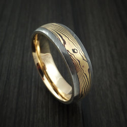 Damascus Steel Ring with Yellow Gold Mokume and Yellow Gold Sleeve Custom Made Band
