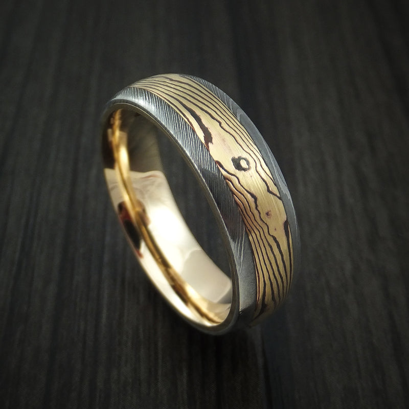 Damascus Steel Ring with Yellow Gold Mokume and Yellow Gold Sleeve Custom Made Band