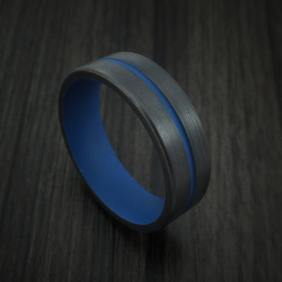 Black Zirconium and Cerakote Thin Blue Line Police Ring Custom Made Band
