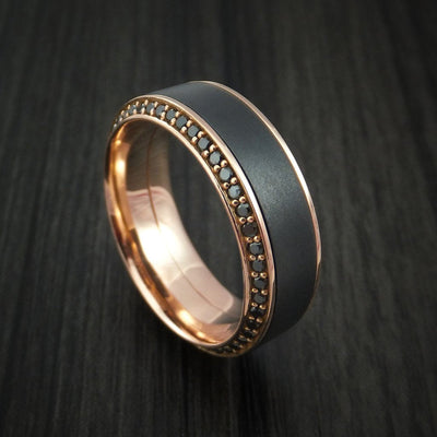 Rose Gold Men's Ring with Black Titanium Inlay and Eternity Set Black Diamonds Custom Made Band