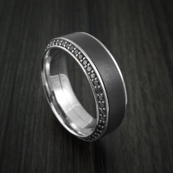 18k White Gold Men's Ring With Elysium Black Diamond Inlay And Eternity Set Black Diamonds Custom Made Band