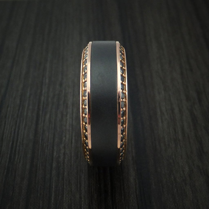 18K Rose Gold Men's Ring with Black Zirconium Inlay and Eternity Set Black Diamonds Custom Made Band