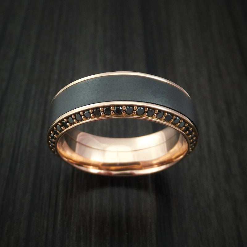 18K Rose Gold Men's Ring with Black Zirconium Inlay and Eternity Set Black Diamonds Custom Made Band