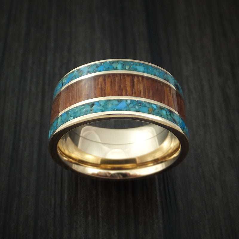 14K Yellow Gold Ring with Leopard Wood and Turquoise Custom Made Band