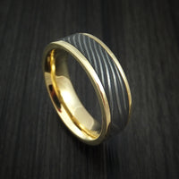 18K Yellow Gold and Flat Twist Damascus Steel Custom Made Ring