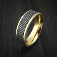 18K Yellow Gold and Flat Twist Damascus Steel Custom Made Ring