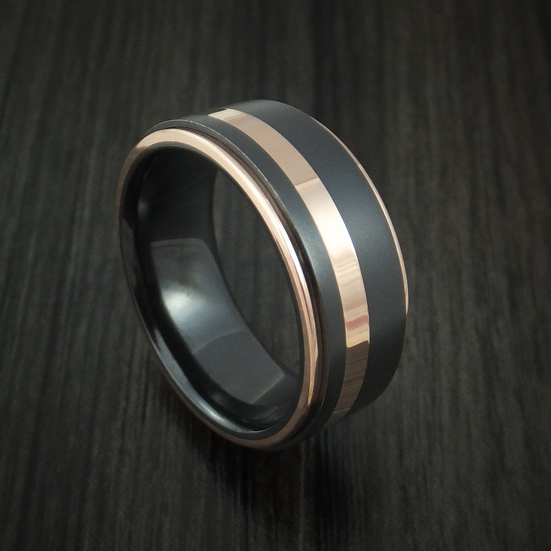 Black Zirconium Ring with 14K Rose Gold Edges and Inlay Custom Made Band