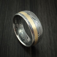 Marbled Kuro Damascus Steel and 14k Rose Gold Ring Wedding Band Custom Made