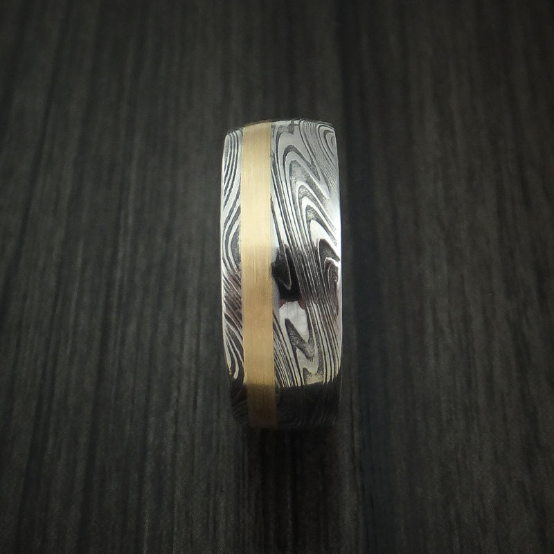 Marbled Kuro Damascus Steel and 14k Rose Gold Ring Wedding Band Custom Made