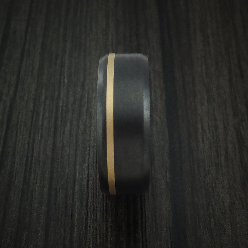 Black Titanium Ring with 14K Yellow Gold Inlay and Hardwood Sleeve