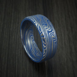 Marbled Kuro Damascus Steel and Ridgeway Blue Cerakote Ring Custom Made Band