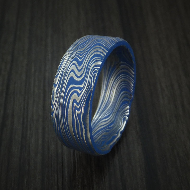 Marbled Kuro Damascus Steel and Ridgeway Blue Cerakote Ring Custom Made Band
