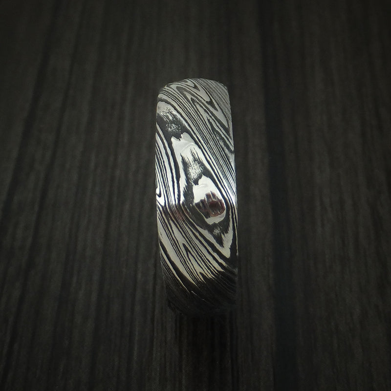 Marbled Kuro Damascus Steel Square Ring with Red Heart Hardwood Sleeve Custom Made Band