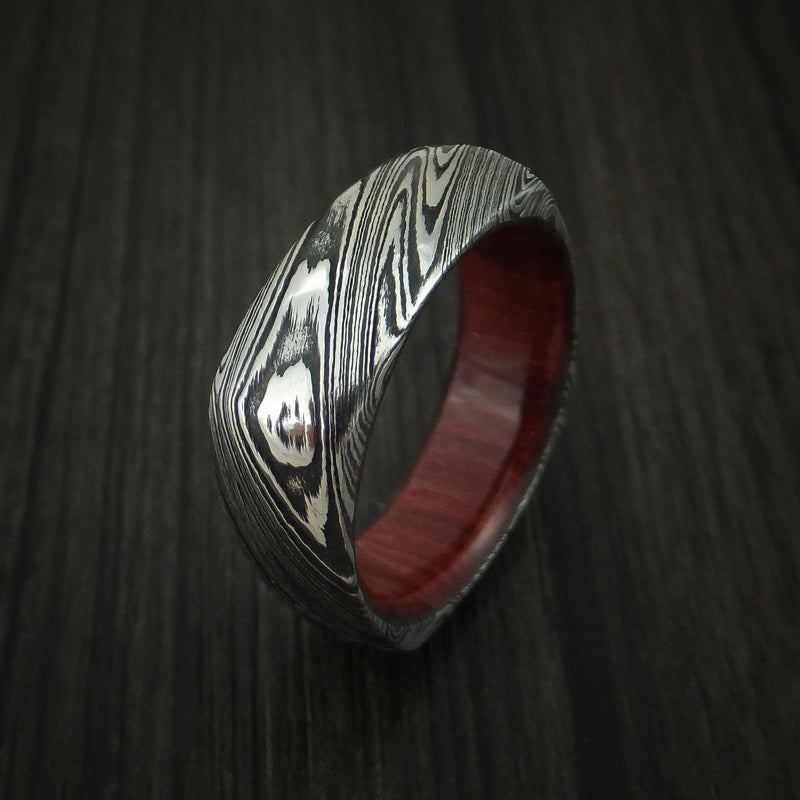 Marbled Kuro Damascus Steel Square Ring with Red Heart Hardwood Sleeve Custom Made Band