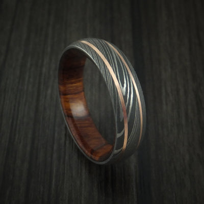 Damascus Steel and 14K Rose Gold Band with Desert Ironwood Burl Sleeve Custom Made