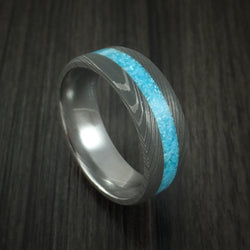 Damascus Steel Ring with Turquoise Inlay Custom Made Band