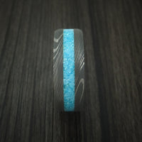 Damascus Steel Ring with Turquoise Inlay Custom Made Band