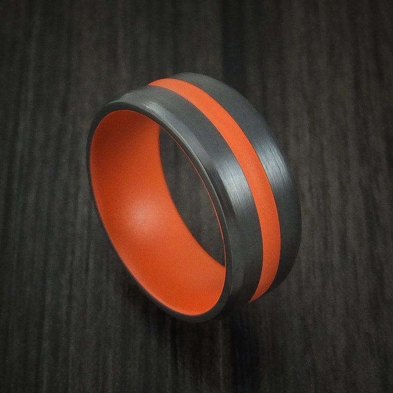 Black Titanium Ring with Hunter Orange Cerakote Groove and Sleeve Custom Made Band