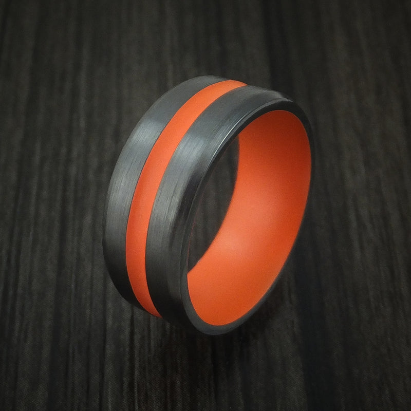 Black Zirconium Ring with Hunter Orange Cerakote Groove and Sleeve Custom Made Band