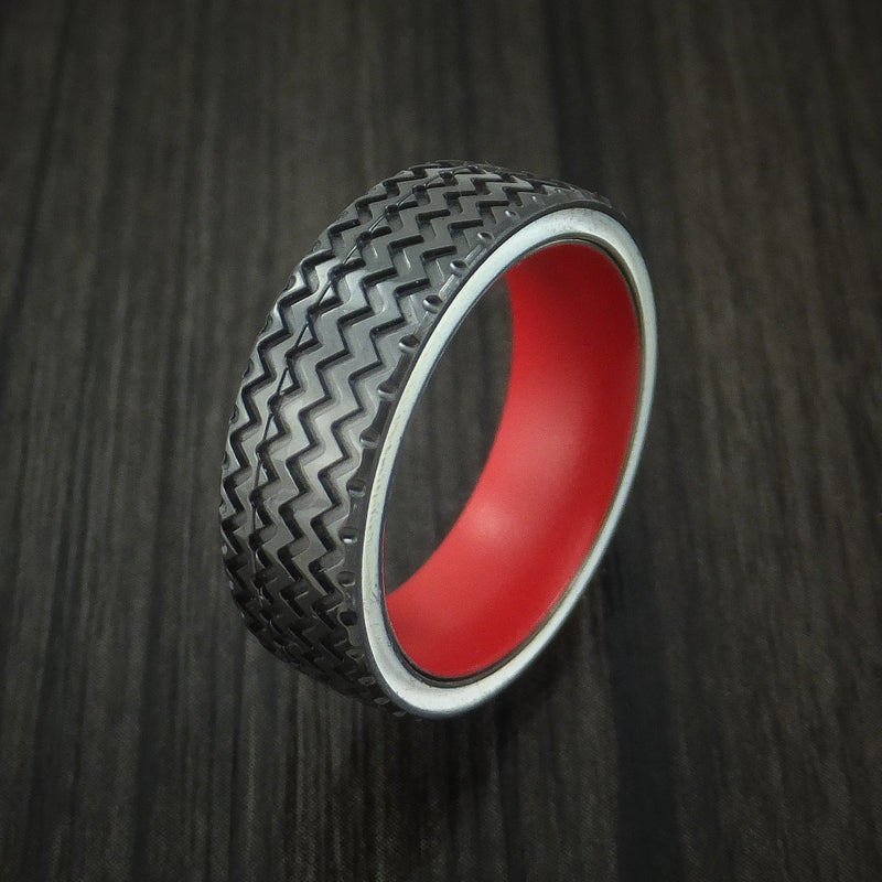 Black Titanium Hot Rod White Wall Tire Tread Spinner Ring with Cerakote Sleeve Custom Made Band