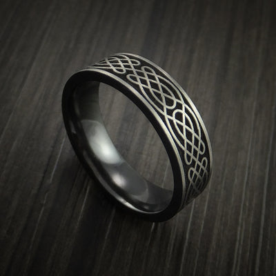 Black Zirconium Celtic Irish Knot Ring Carved Pattern Design Band Any Size Ring