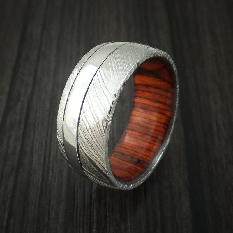 Kuro Damascus Steel and Cobalt Chrome Ring with Cocobolo Sleeve Custom Made Band