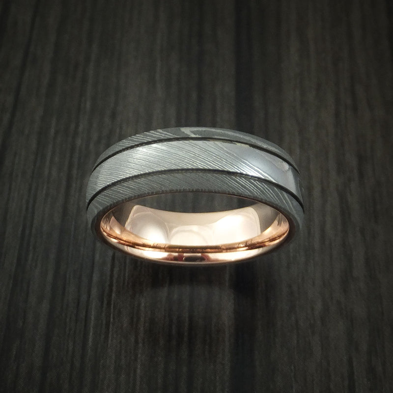 Damascus Steel Ring with 14k Rose Gold Sleeve Custom Made Band