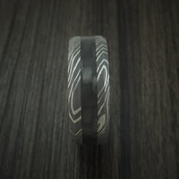 Damascus Steel and Carbon Fiber Ring Custom Made Band with Anodized Green Interior