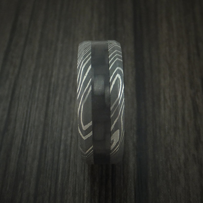Damascus Steel and Carbon Fiber Ring Custom Made Band with Anodized Green Interior