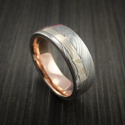 Damascus Steel and Mokume Ring with Rose Gold Sleeve Wedding Band Custom Made