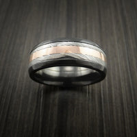 Black Titanium and Damascus Steel Band 14K Rose Gold Center Custom Made Ring