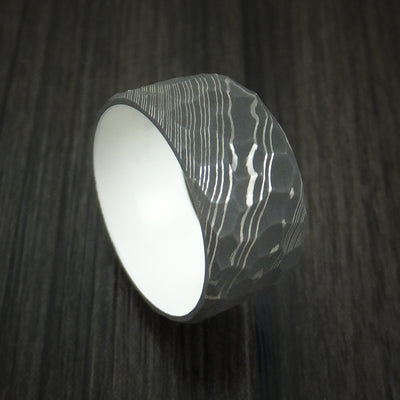 Rock Hammer Damascus Steel Wide Band with Snow White Cerakote Sleeve Custom Made Band