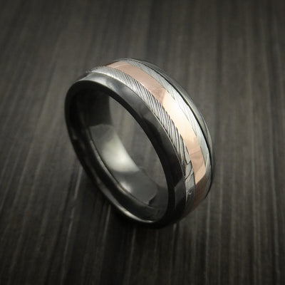 Black Zirconium and Damascus Steel Band 14K Rose Gold Center Custom Made Ring