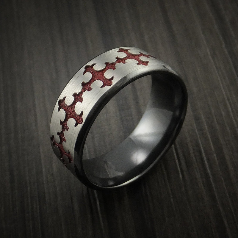 Black Titanium Ring with Fleury Cross Red Cerakote Inlay