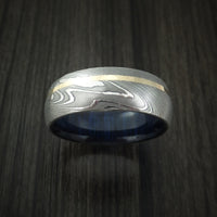 Damascus Steel Ring with 14K Yellow Gold Inlay and Blueberry Wood Hardwood Sleeve Custom Made Wood Band