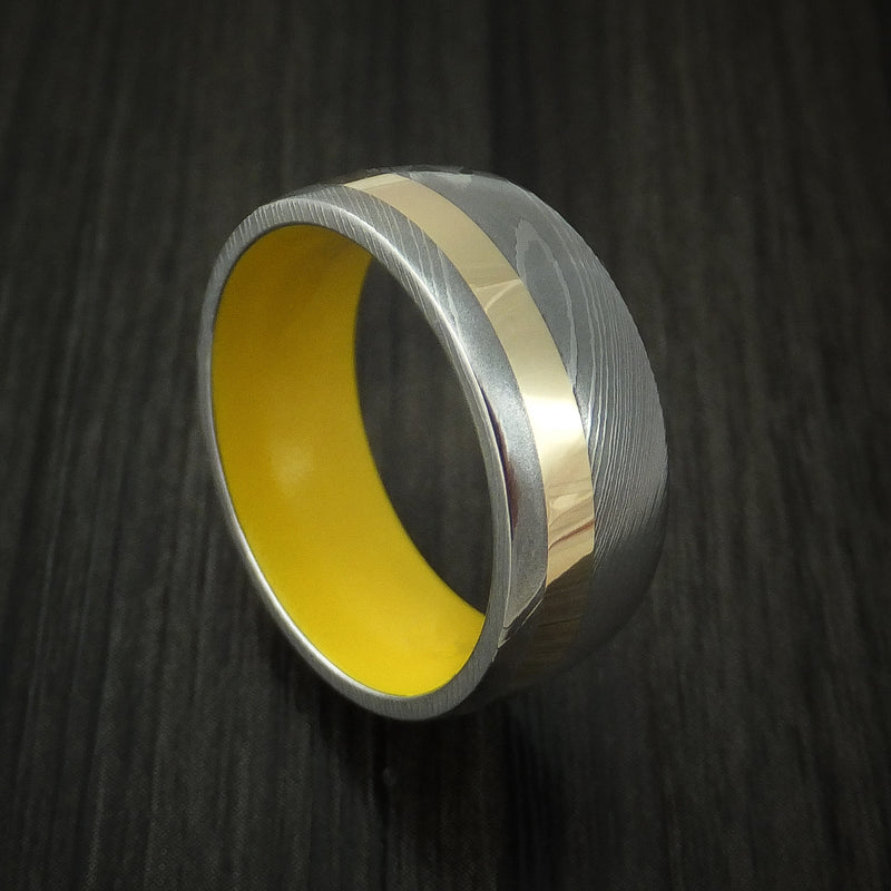 Damascus Steel and 14K Yellow Gold Band with Dewalt Yellow Cerakote Sleeve Custom Made Band