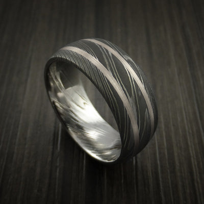 Damascus Steel Ring with White Gold Inlays Custom Made Band