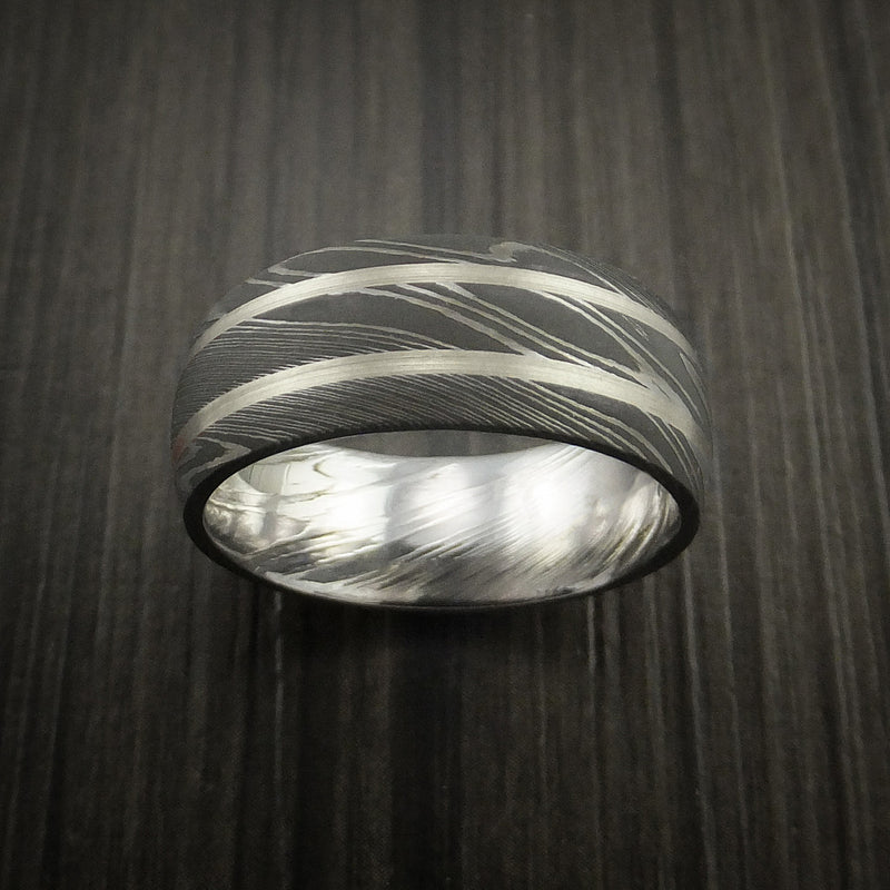 Damascus Steel Ring with White Gold Inlays Custom Made Band