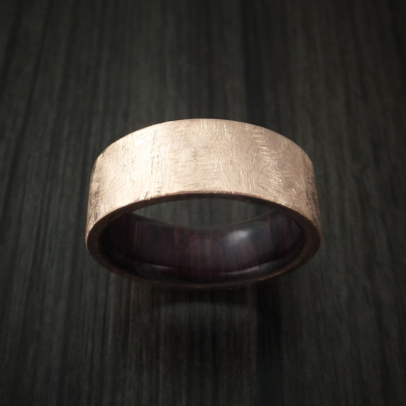 14K Rose Gold Band with Distressed Finish and Purple Heart Wood Sleeve Custom Made