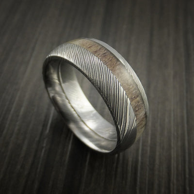 Deer Antler Ring inlaid in Solid Damascus Steel Hunters Wedding Band Custom Made