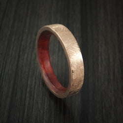 14K Rose Gold Band with Distressed Finish and Red Heart Wood Sleeve Custom Made